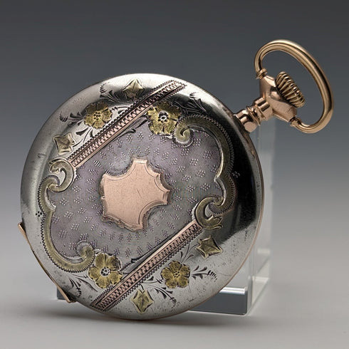 1914年 米国アンティーク エルジン 懐中時計 純銀マルチカラー ハンターケース 動作良好